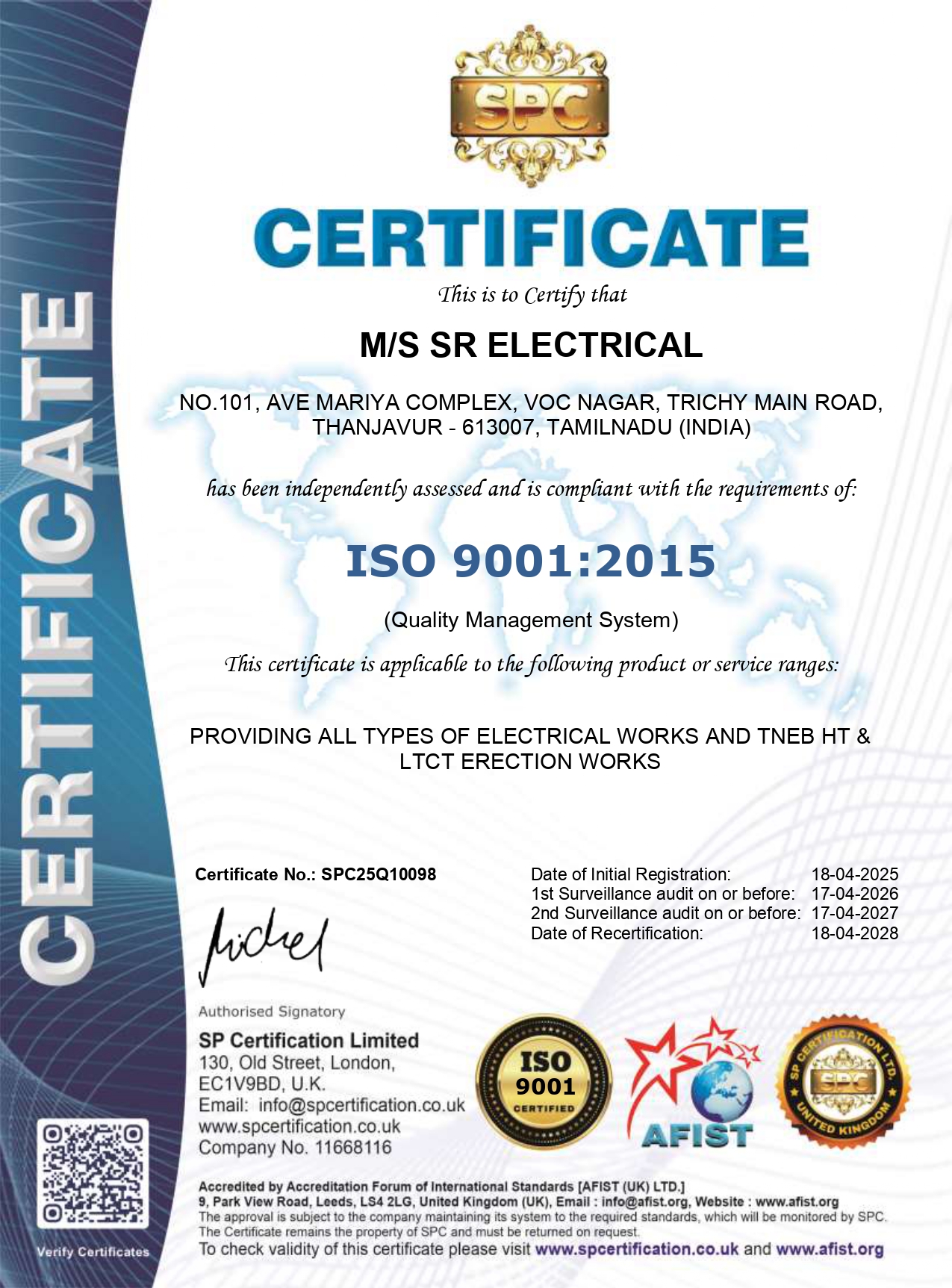 SR Electrical ISO 9001:2015 Certificate